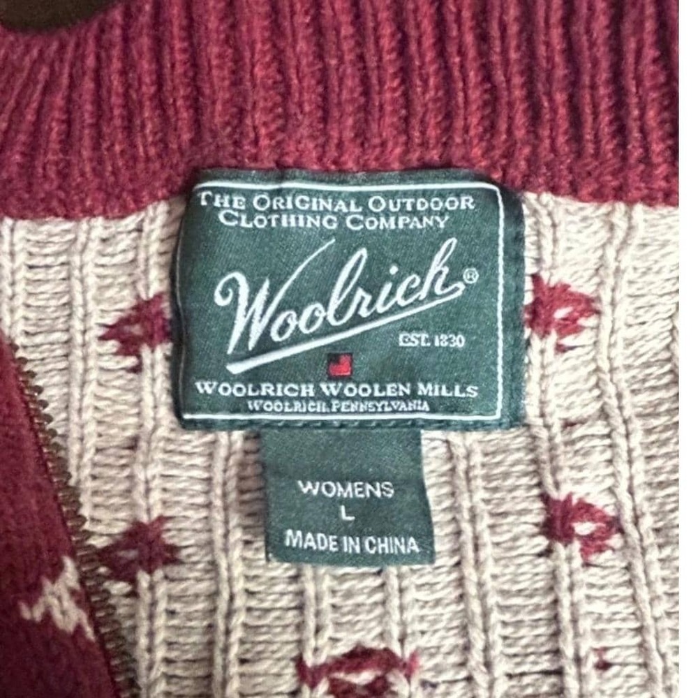 Woolrich Women Burgundy Tan Fair Isle Reindeer Zipper Sweater Large Merino Wool - Picture 2 of 6
